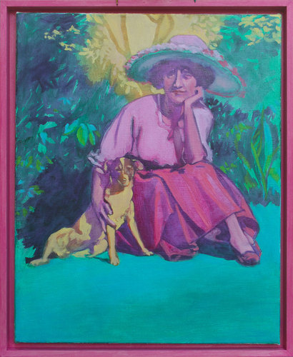 Artwork by Chantal Maquet - Dame mit Hut und Hund - Reuter Bausch Art Gallery - Luxembourg